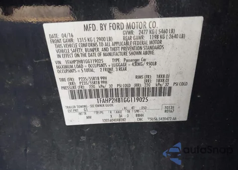 2016 Ford Taurus Sel из США, поврежденный, VIN 1FAHP2H81GG119025